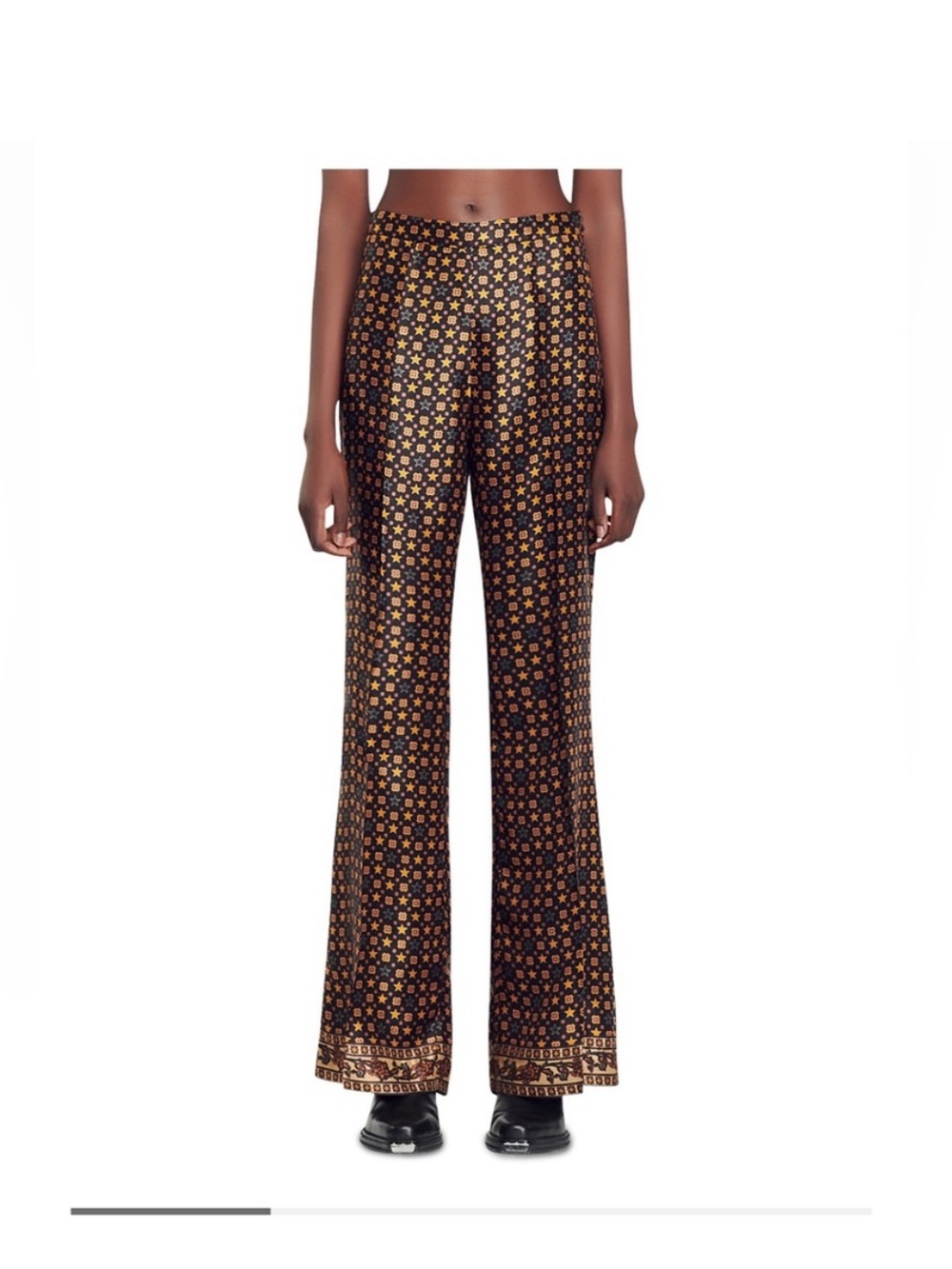 Sandro Shanny Printed Wide-Leg Silk Pants — Brown & Gold